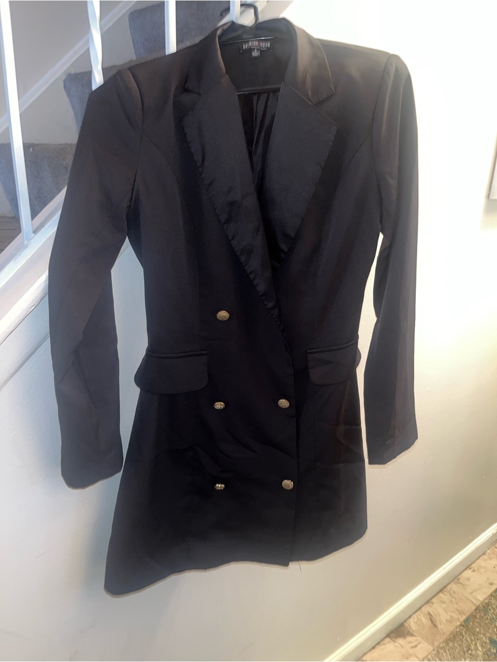 Fashion Nova Black Double-Breasted Satin-Lapel Blazer Dress